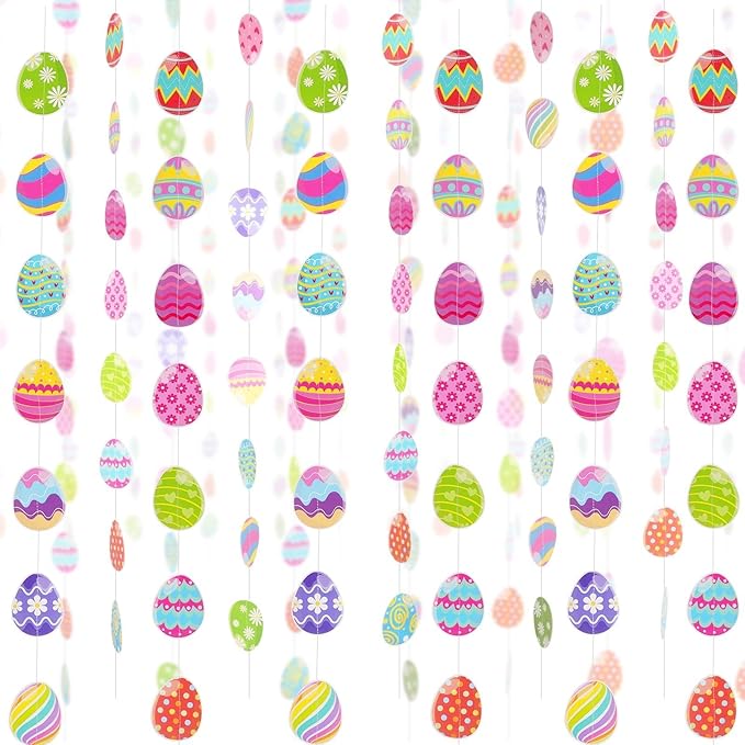 AhfuLife Easter Egg Garland Decorations, Happy Easter Paper Banner Party Decorations 6pcs Hanging Eggs for Home Party Favors Supplies