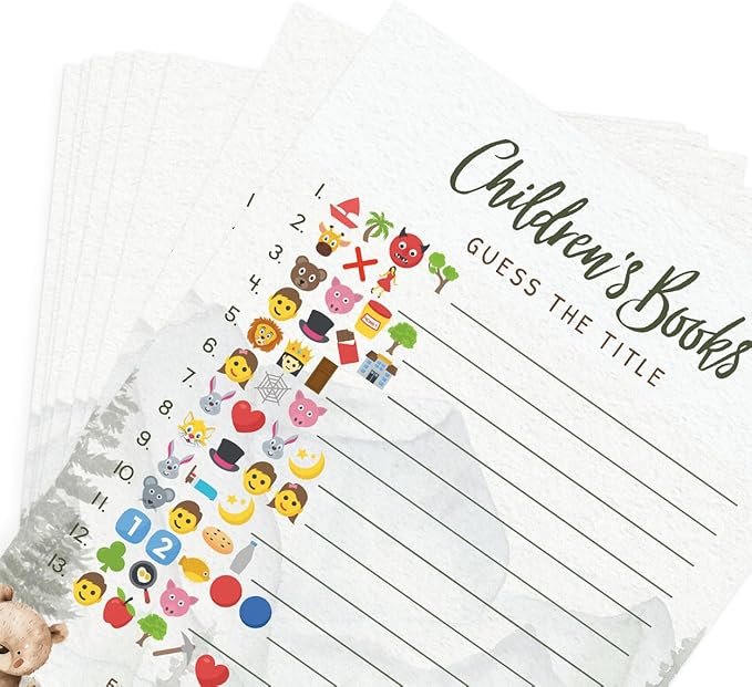Printed Party Woodland Baby Shower Games for Boy – Set of 4 Games for 30 Guests, Forest Animal Theme, Includes Bingo, Mommy Trivia, Icon Storybook Phrases, and Guess Who Mommy or Daddy