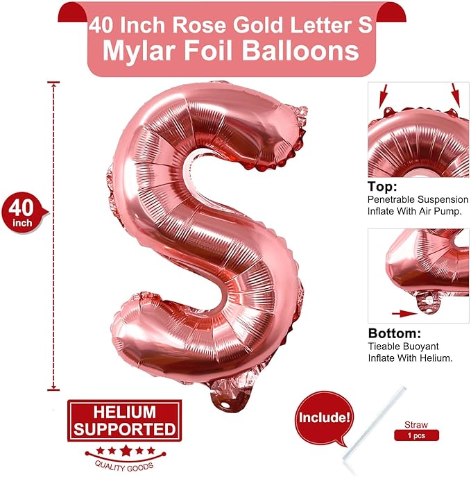 Lovoir 40 Inch Large Rose Gold Letter S Balloons Big Size Jumbo Mylar Foil Helium Balloon for Birthday Party Celebration Decorations Alphabet Rose Gold S