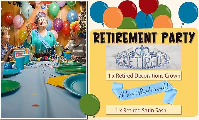 JETKONG Retirement Party Decorations Retired Tiara/Crown, Retired Sash for Women Retirement Gifts, Retirement Party Supplies, Gifts, Favors (Light Blue)
