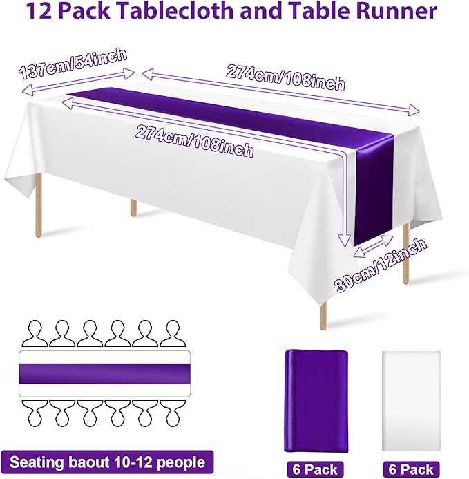 12Pack 12x108 Inch Satin Table Runner and 54x108Inch Plastic Tablecloths Set White Purple Disposable Rectangle Table Cover for Graduation Wedding Bridal Shower Anniversary Birthday Party Decorations