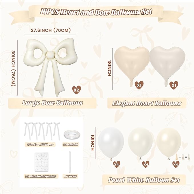 Cream Heart Balloons, 38 Inch Bow Balloons, Double Stuffed Pearl White Balloon with Bow Ribbons for Neutral Birthday Anniversary Wedding Bridal Baby Shower Valentines Day Decorations