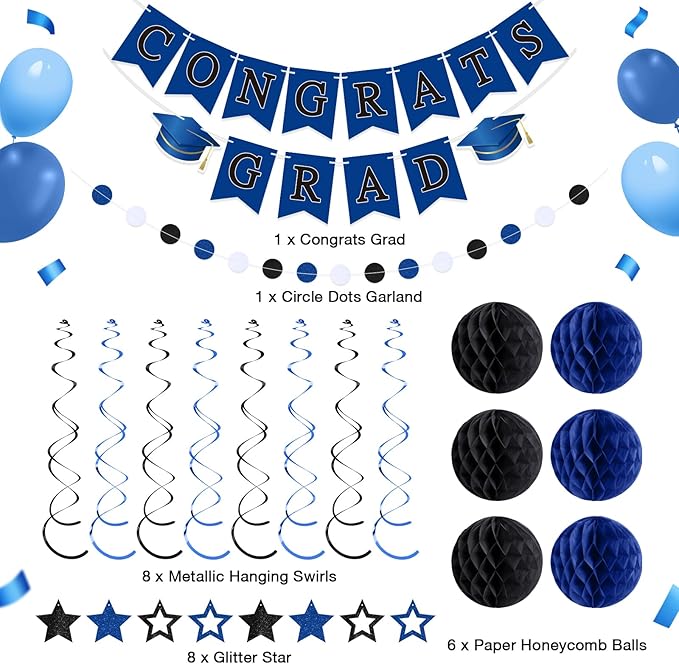 Blue and Black Congrats Grad Banner 2026 Graduation Decorations with Hanging Swirl Honeycomb Ball Circle Garland Grad Party Favor Supplies for College Senior High School Classroom Decor