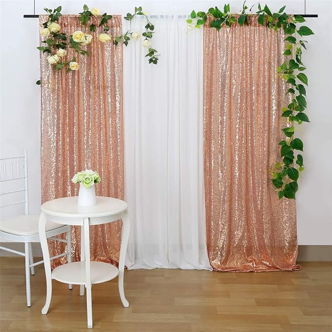 Juya Delight 2ft x 8ft x 2Pcs Rose Gold Sequin Photography Backdrop Curtain for Party Banquet Festival Wedding Anniversary Exhibition