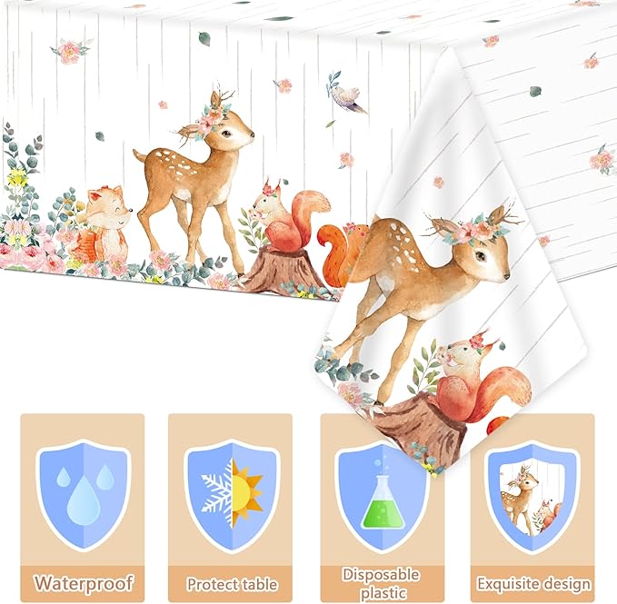 3 Pieces Woodland Tablecloths Baby Shower Decorations for Girl Floral Woodland Creatures Plastic Table Covers Forest Wild Creatures Animal Friends Table Decoration for Birthday Party Supplies