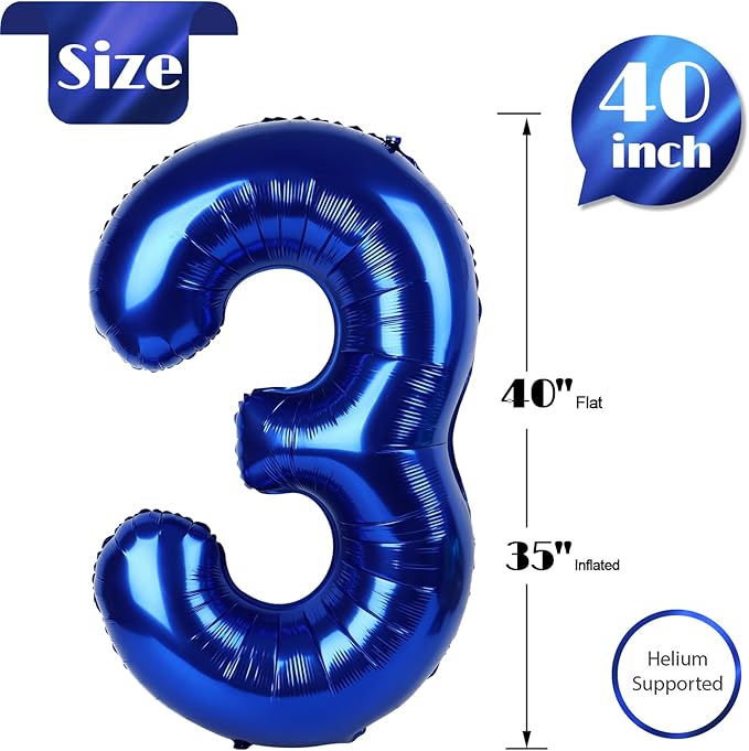 Night Blue 3 Balloon, Number Balloons 40 Inch, 3rd Birthday Decorations for Kids Girls Women Party Supplies for Party Decorations, Number 3 Balloon