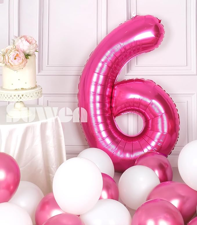 SUWEN 40 Inch Hot Pink Large 6 Number Balloons Big Foil Helium Number Balloons 0-9 Jumbo Happy 6th Mylar Birthday Party Decorations for Girl Anniversary Party Supplies