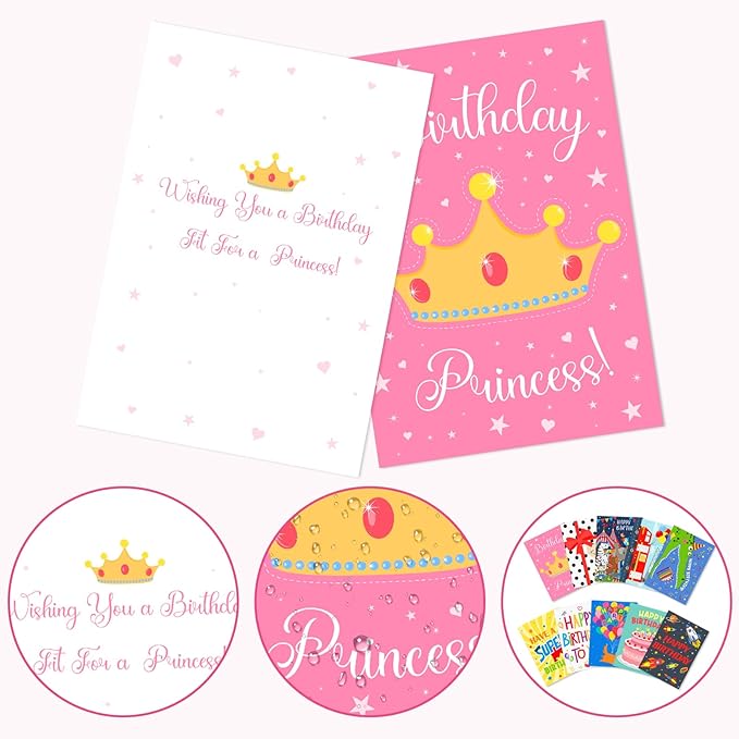 Hooqict Birthday Cards for Kids (4"x6") 10 Assorted Happy Birthday Cards with Envelopes and Greetings Inside (Carnival, Princess, Cake, Animals, Space, Gift Box, Balloons) for Boys Girls 1 2 3 4 5+