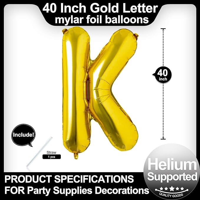 40 Inch Gold Letter K Balloons, DIY Phrase Foil Alphabet Letter K Balloons DIY Word K Banner for Birthday Anniversary Celebration Graduation Party Supplies Decoration