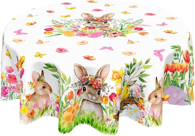 Spring Easter Tablecloth Round 60 Inch Green Bunny Easter Table Cloth Farmhouse Pink Floral Table Cover for Kitchen Dinner Room Holiday Party Indoor Outdoor Home Decor