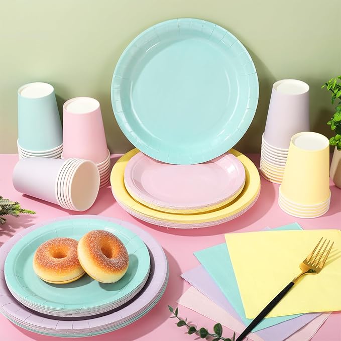 Whaline 244Pcs Pastel Rainbow Tableware Set Serves 48 4 Colors Disposable Dinnerware 48 9" Plates 48 7" Plate 48 9oz Cups 100 Napkins for Spring Easter Wedding Birthday Party Supplies