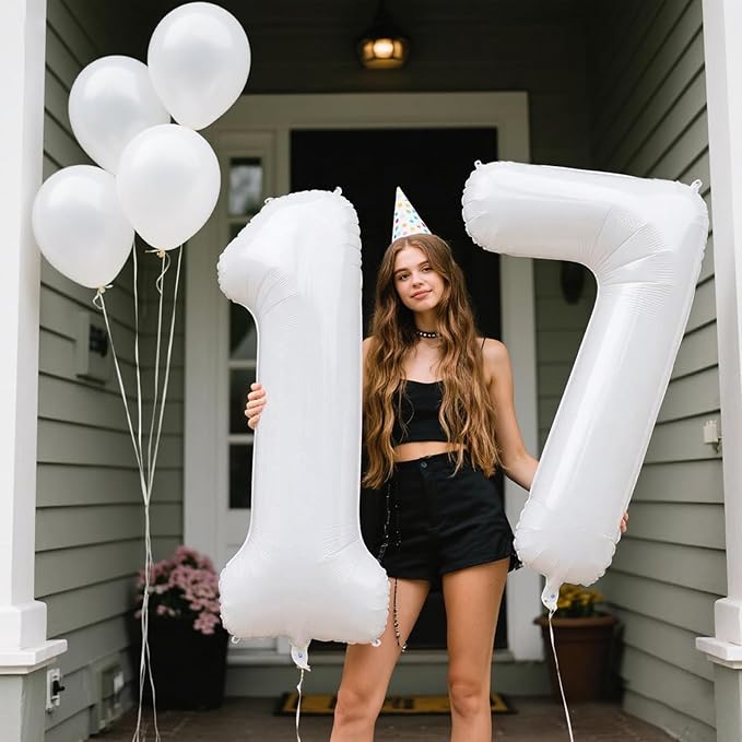40 Inch White Number 17 Digital Balloon,Jumbo Mylar Foil Helium Balloon for 17 Balloons for Birthday Party,Wedding Anniversary Party Decorations