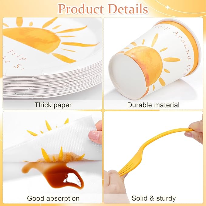 Kochorie 144 Pieces Boho Sun Birthday Party Decorations Tableware Sets Including Disposable Bohemia Sunshine Plates Napkins Cups Forks Serves 24 for Sun Baby Shower Party Supplies