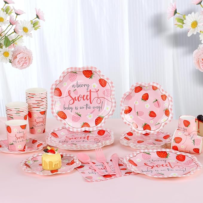Strawberry Baby Shower Decorations for Girl, Baby Shower Plates and Cups and Napkins Sets Serves 50, Strawberry Plates, A Berry Sweet baby Is On The Way Decorations, Berry Sweet baby shower
