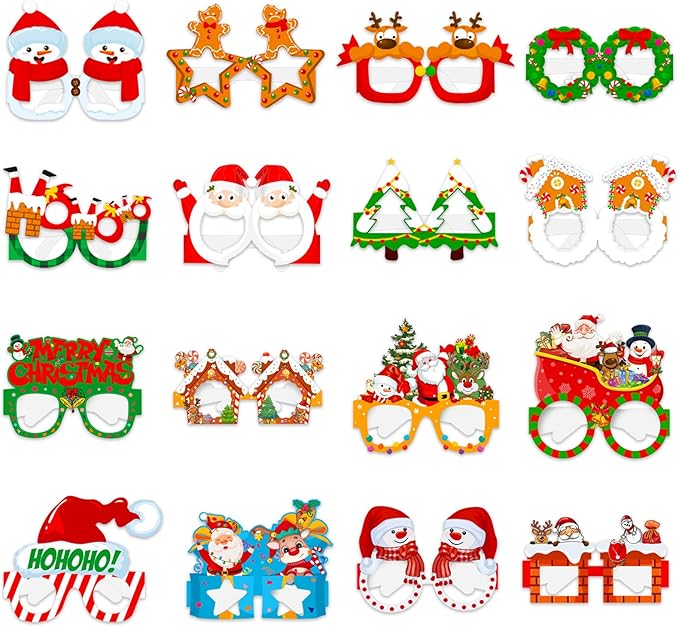 16Pcs Christmas Party Glasses Frames, Funny Xmas Paper Glasses Christmas Eyeglasses Photo Booth Props for Xmas Party Decorations Supplies