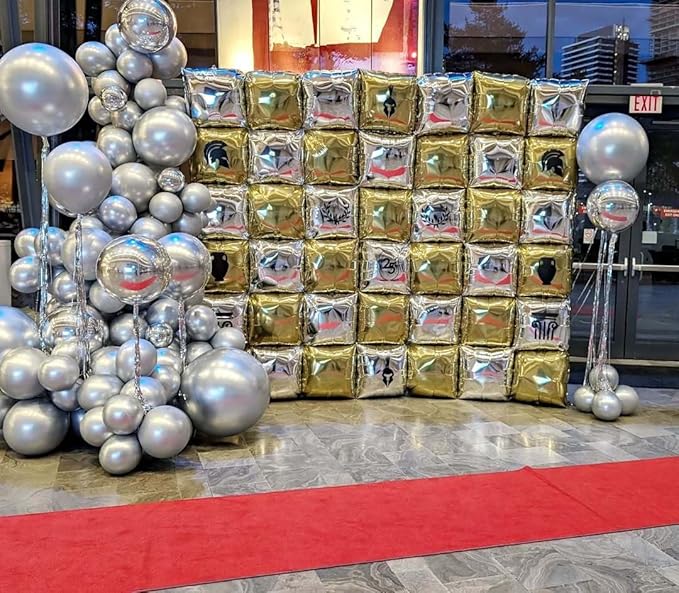 36pcs Gold and Silver Square Foil Balloons Wall Backdrop with 147pcs Balloon Garland Arch Kit, Double Sided Balloons for Birthday Bridal Shower Anniversary New Year Graduation Party Decorations