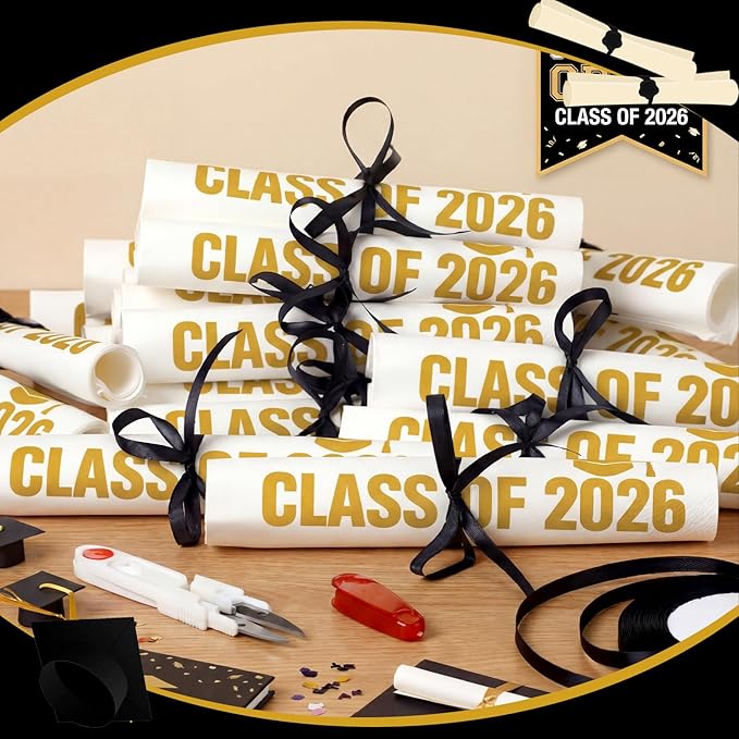 100 Set Graduation Class of 2026 Guest Gold Napkins Black Rolled Silverware Disposable Grad Award Dinner Napkin with Ribbon and Scissors for Celebration