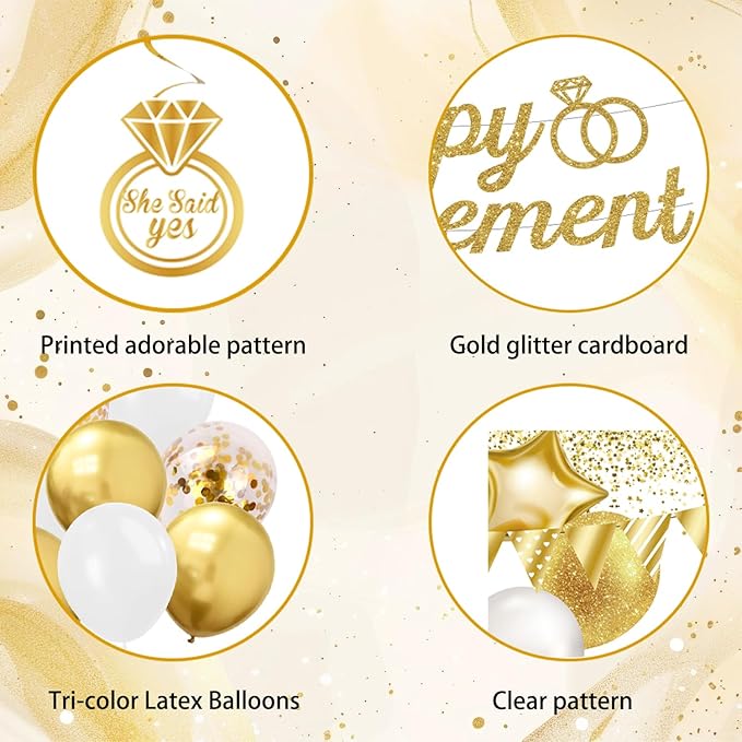 Engagement Party Decorations - Just Engaged Decorations Happy Engagement Banner Backdrop Balloons Hanging Swirls for Congratulations Wedding Bachelorette Party Decorations (White-Gold)