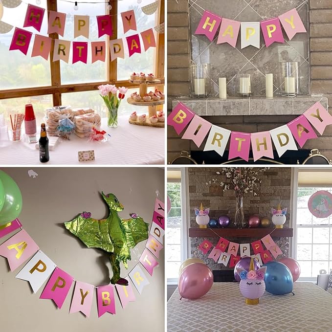 Happy Birthday Banner With Shiny Gold Letters, Swallowtail Design Hanging Signs Party Decorations (Tri-Color Pink)