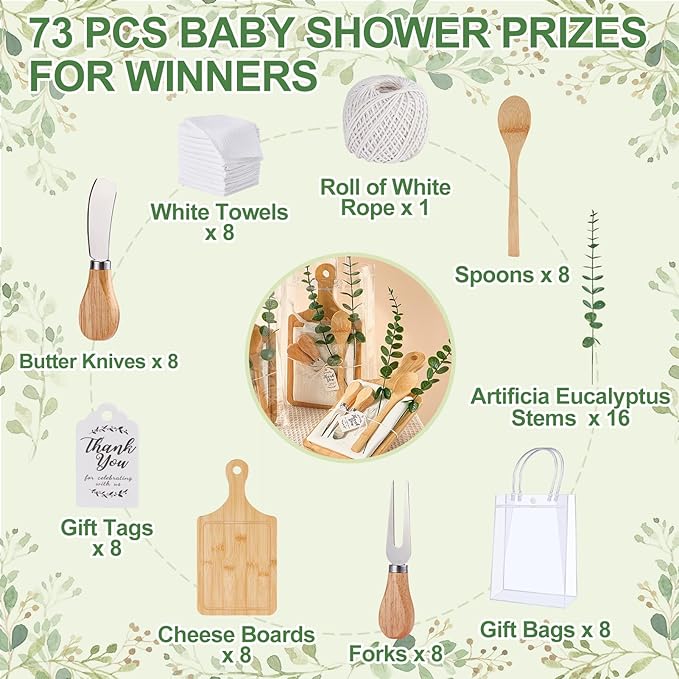 Baby Shower Prizes for Game Winners Bamboo Cheese Board Spoon Fork Butter Spreaders Plaid Towel Thank You Card and Gift Bags for Baby Shower Wedding Bridal Shower Favors (Bamboo, 8 Sets)