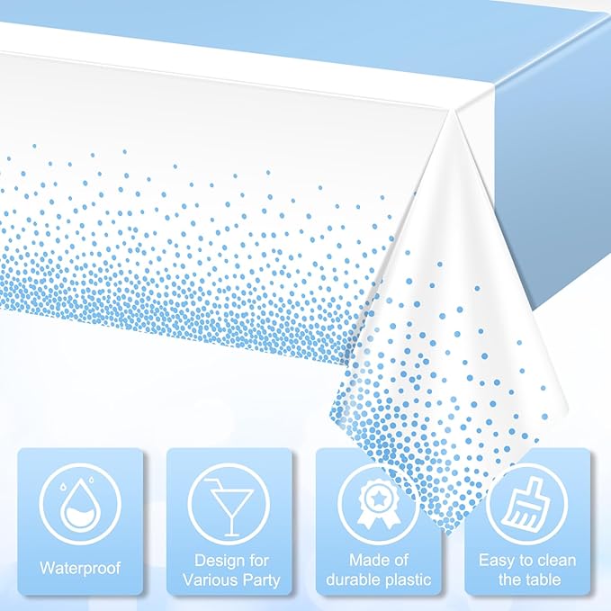 12Pcs White Light Blue Tablecloth Party Decorations,Plastic White Table Cloth Printed Baby Blue Tables Runner Disposable Rectangle Table Cover for Birthday Baby Shower Wedding Party,54 x108 Inch