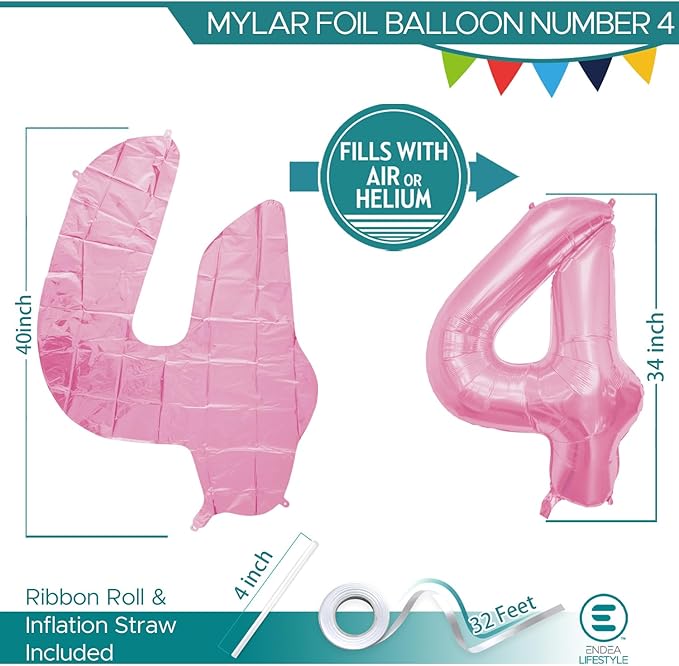 40 Inch Large Pink Number Celebration and Decoration Balloon for Birthday Parties, Graduations, Anniversaries, Weddings, Photo Shoots, Special Events - Helium Foil Mylar (Pink Number 4)