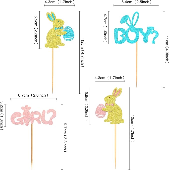 Ercadio 24Pcs Easter Day Rabbit Boy or Girl Cupcake Toppers Glitter Pink Blue Bunny Boy or Girl Cupcake Picks for Easter Gender Reveal Cupcake Toppers Easter Theme Birthday Baby Shower Party Supplies