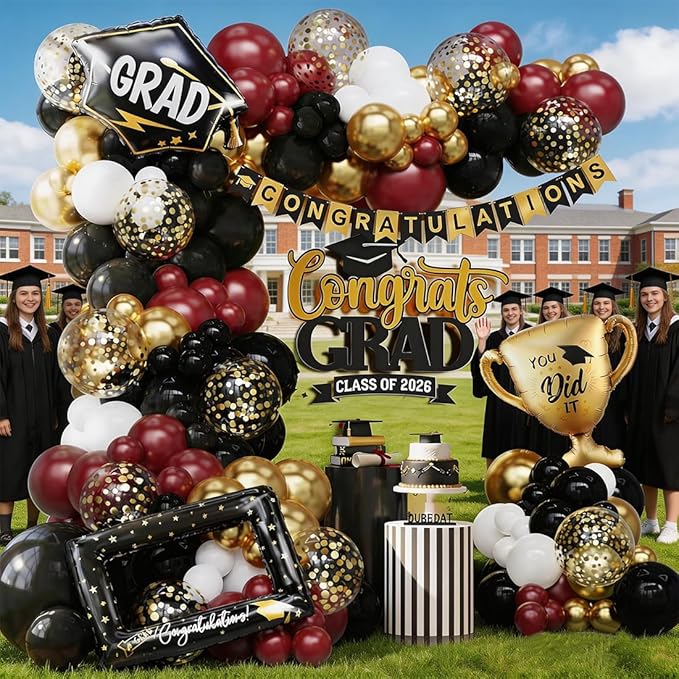 Burgundy Black White Balloon Arch Kit 164Pcs with Gold Confetti Balloon for Orange and Black Birthday Party Decorations Graduation Party Birthday Party