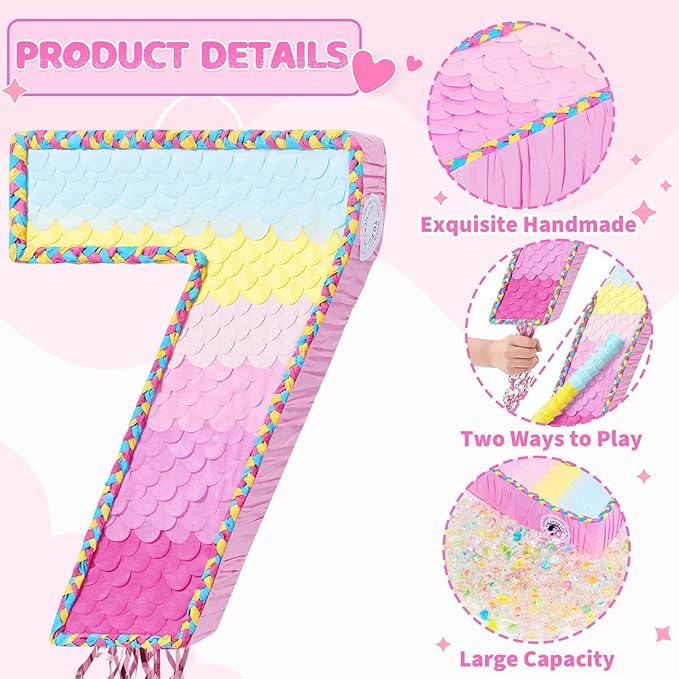 WERNNSAI Number 7 Piñata – Pink 7th Birthday Party Decorations Rainbow Ombre Seven Piñata for kids girls with Blindfold and Stick for 7 Year Birthday Supplies Princess Anniversary Decoration