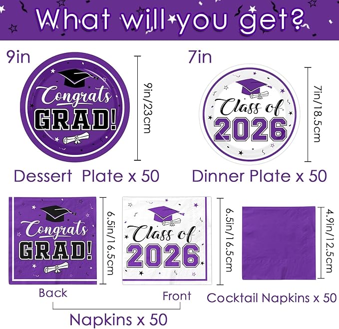 Graduation Party Plates and Napkins Purple Class of 2026 Grad Congrats Party Supplies Disposable Dessert Paper Plates Cocktail Napkins forGraduation Party Decorations,Serve 50