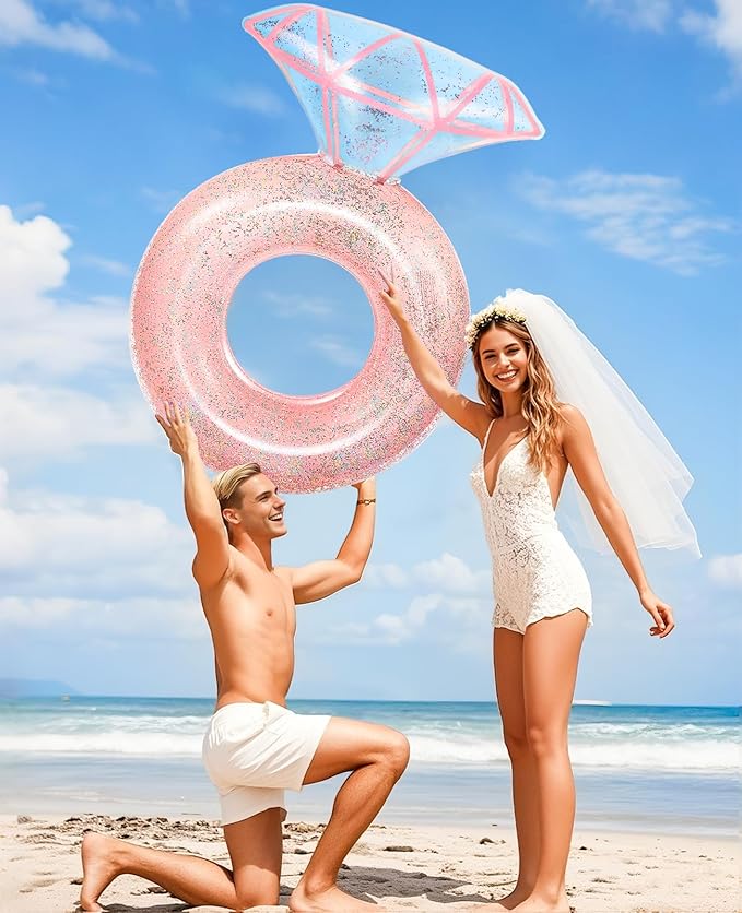 HeySplash Pool Floats, Inflatable Diamond Ring Pool Float, Large Engagement Ring Floatie for Bachelorette Party, Swim Tube River Lake Wedding Bride Stagette Decor Fun Toy Raft Adults, Rose Gold