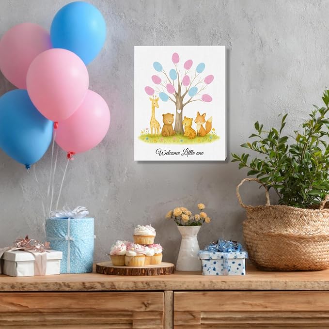 2PCS Gender Reveal Fingerprint Tree Baby Shower Guest Book Party Ideas Fingerprint Guest Book with 2 Pens and 6 Stickers Gender Reveal Party Decorations Baby Shower Party Supplies