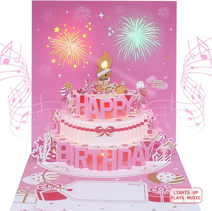 Musical Birthday Cards with Light and Music, Blowable, 3D Birthday Popup Cards for Men & Women– Plays Hit Song 'HAPPY Birthday' (pink)