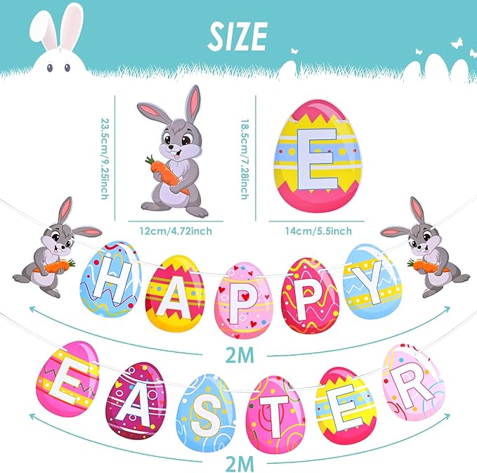AhfuLife Happy Easter Banner Decorations, 8 Pcs Bunny Egg Chick Hanging Swirl with 12 Pcs Balloons, Larger Easter Banner Sign for Home Office School Decor, Egg Hunt Party Supplies