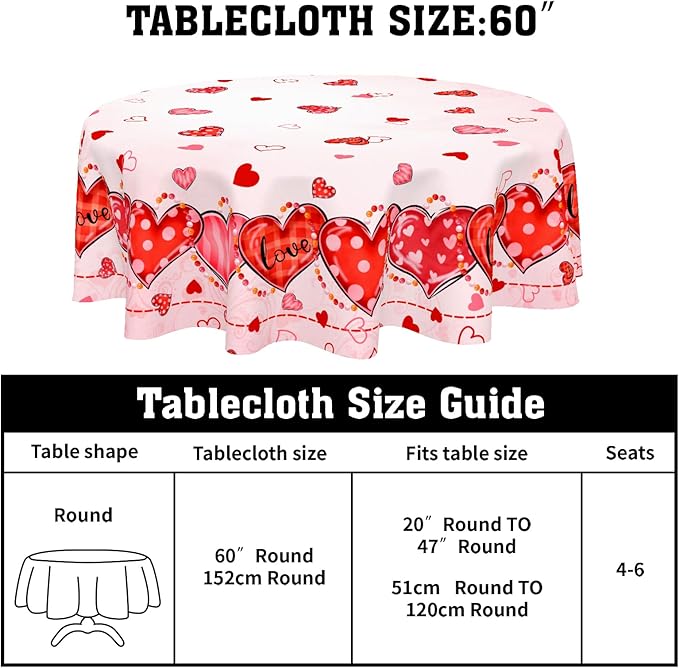 Valentine's Day Tablecloth Round 60 Inch Pink Love Hearts Table Cloth Farmhouse Valentines Table Cover for Kitchen Dinner Room Holiday Party Indoor Outdoor Home Valentine Decor