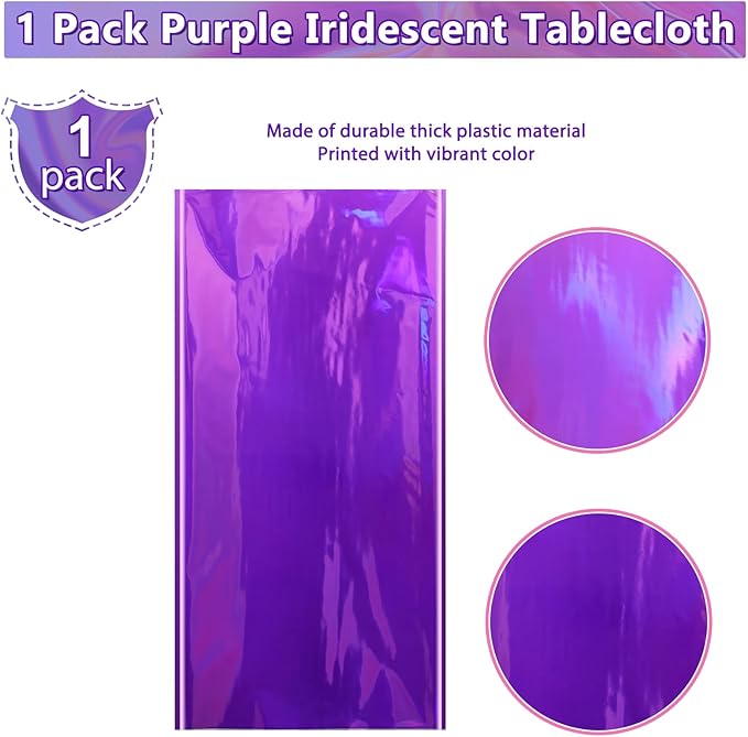 FunnyPars 1 Pack Iridescent Purple Plastic Tablecloths, Shiny Disposable Laser Rectangle Table Covers, Foil Tablecloth Iridescent Party Decorations for Kpop Birthday Bridal Wedding Decor, 54x108 Inch