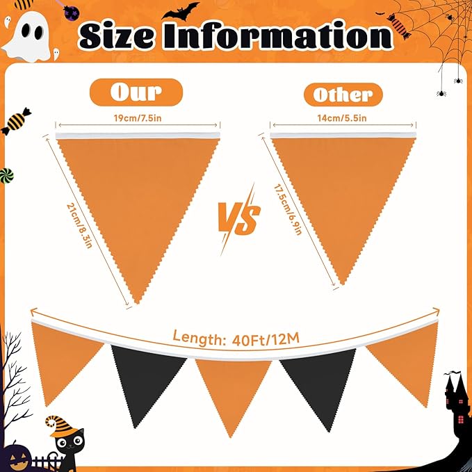 GCQQ Black Orange Banner Decoration 40Ft Halloween Pennant Banner 42Pcs Fabric Cotton Triangle Pennant Flags Banners for Fall Halloween Grad Birthday Bridal Shower Wedding Party Decor