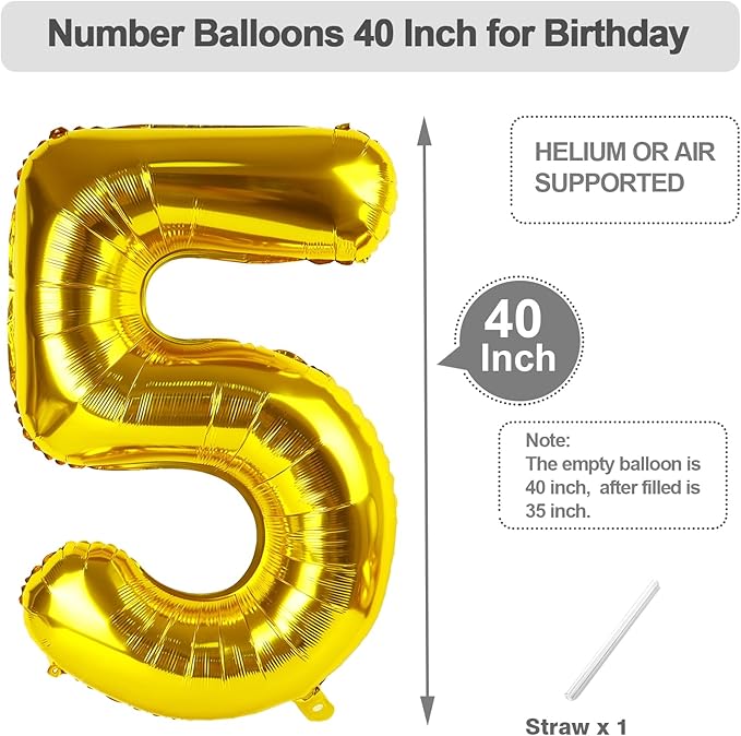 Number 5 Balloon 40 Inch, Foil Balloons for Boys And Girls, Gold Numbers Balloon for 5, 15, 25, 50 Birthday Party Decoration, Anniversary, Christmas, Thanksgiving Day
