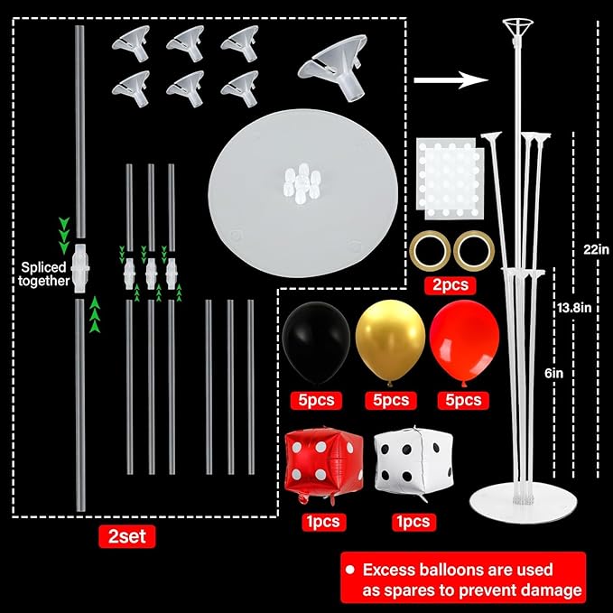 Casino Party Balloons Stand Kit 2 Sets with 2 Dice Foil Balloons Casino Night Theme Party Balloon Centerpiece for Tables for Poker Las Vegas Game Night Birthday Party Decorations