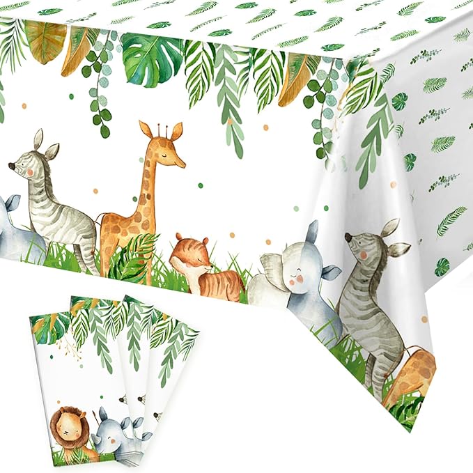 Staraise Jungle Safari Tablecloths,3Pcs Wild Animal Table Cover for Safari Baby Shower Decorations,Boys and Girl Birthday Party Sage Green Theme Party Supplies