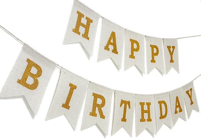 Happy Birthday Banner, Pre-Strung Burlap Happy Birthday Sign Garland, White and Gold Birthday Decorations for Girl Men Women