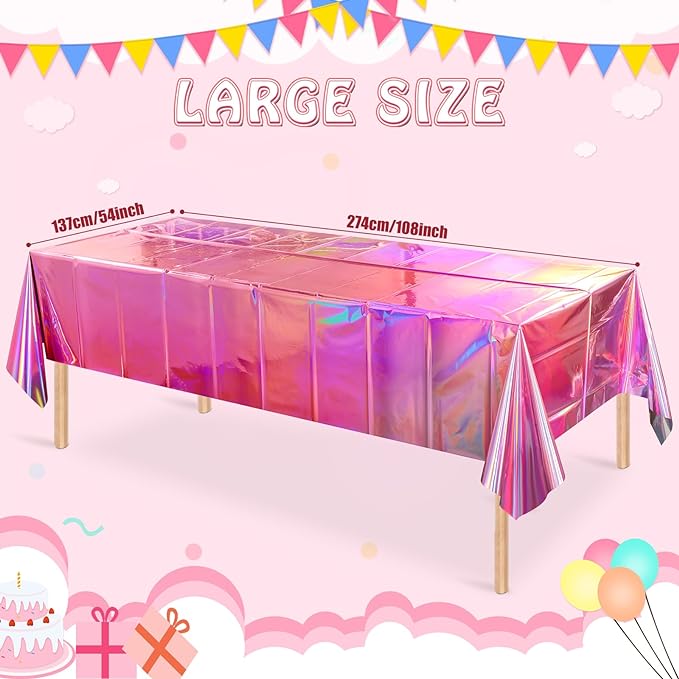 1 Pack Iridescent Pink Plastic Tablecloths, FunnyPars Shiny Disposable Laser Rectangle Table Covers, Holographic Foil Tablecloth Iridescent Party Decorations for Kpop Birthday Wedding Xmas, 54x108Inch