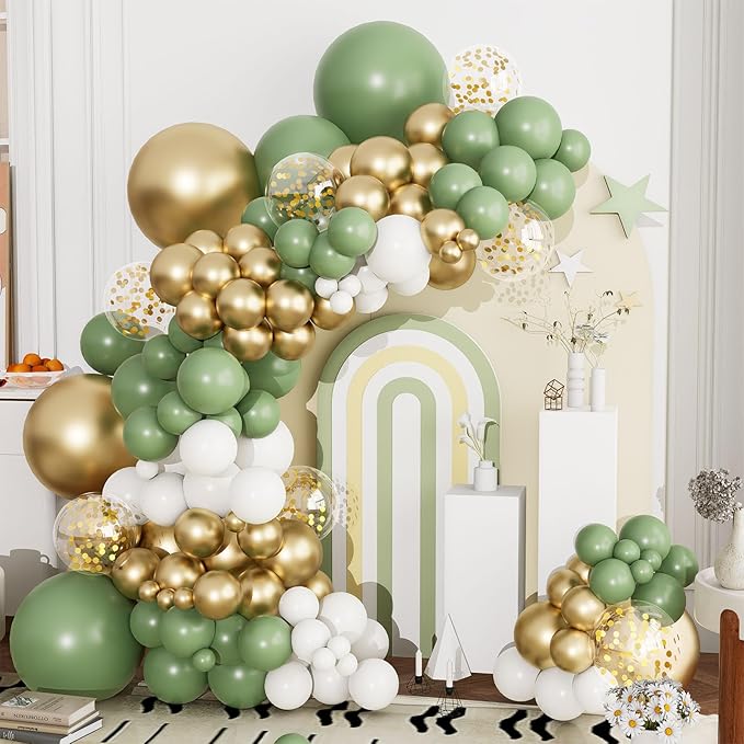 Sage Green White Gold Balloons Garland Arch Kit, 144Pcs 18/12/10/5Inch Sage Green White Metallic Gold and Confetti Latex Balloons for Birthday Baby Shower Engagement Wedding Party Decorations