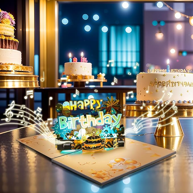 Musical Black Gold Pop Up Card, Light & Music Pop Up Birthday Cards, 3D Father's Day Card, Music Happy Birthday Card, Anniversary Card, for All Occasion with Envelope.