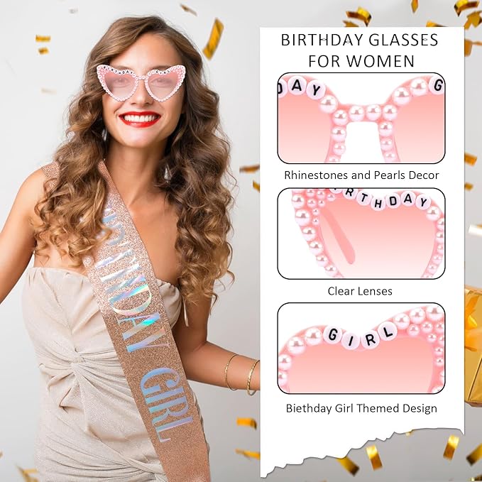 Birthday Girl Sash & Glasses Set, Birthday Sash for Women Girls, Rose Gold 70.8" * 3.75", Happy Birthday Accessories Party Favors Set for Women Girls