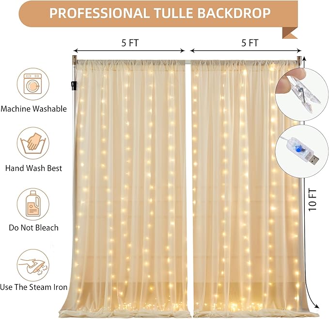 10x10FT Champagne Wrinkle Free Backdrop Curtains with Lights String for Parties - Photo Curtain Backdrop with Lights for Wedding Decorations, Bridal Baby Shower Birthday Party Photography Background