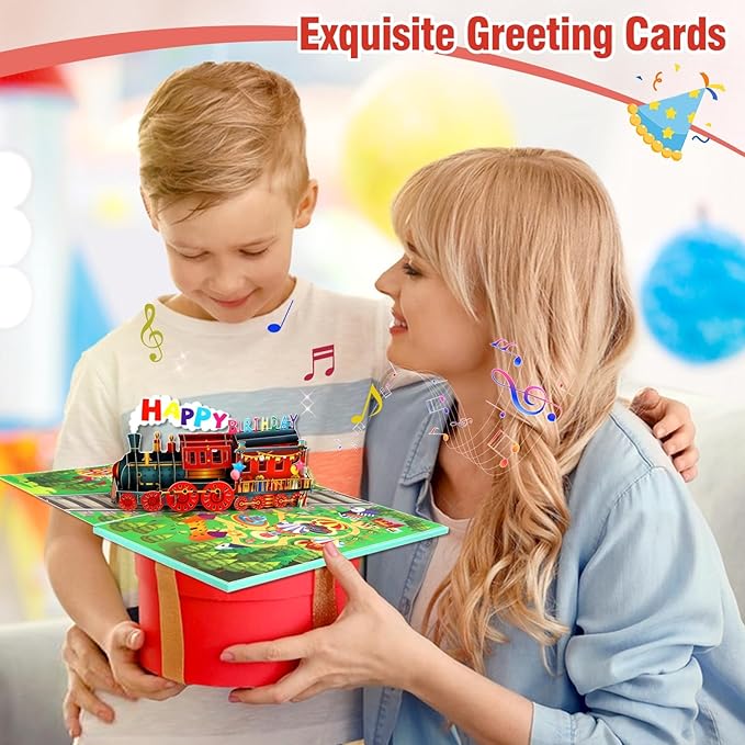 FaCraft Train Musical Birthday Cards for Kids - Music and Light, 3D Pop Up Happy Birthday Cards with Envelope Blank Insert for Boys Women Men Girls