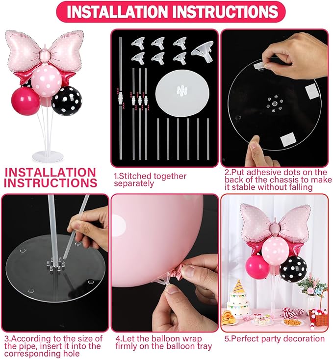Pink Mouse Party Balloons Stand Kit 2 Sets with 2 Bow Foil Balloons Cartoon Mouse Themed Party Centerpiece for Table Pink and Black Bow Girls Women Gender Reveal Baby Shower Birthday Party Decoration