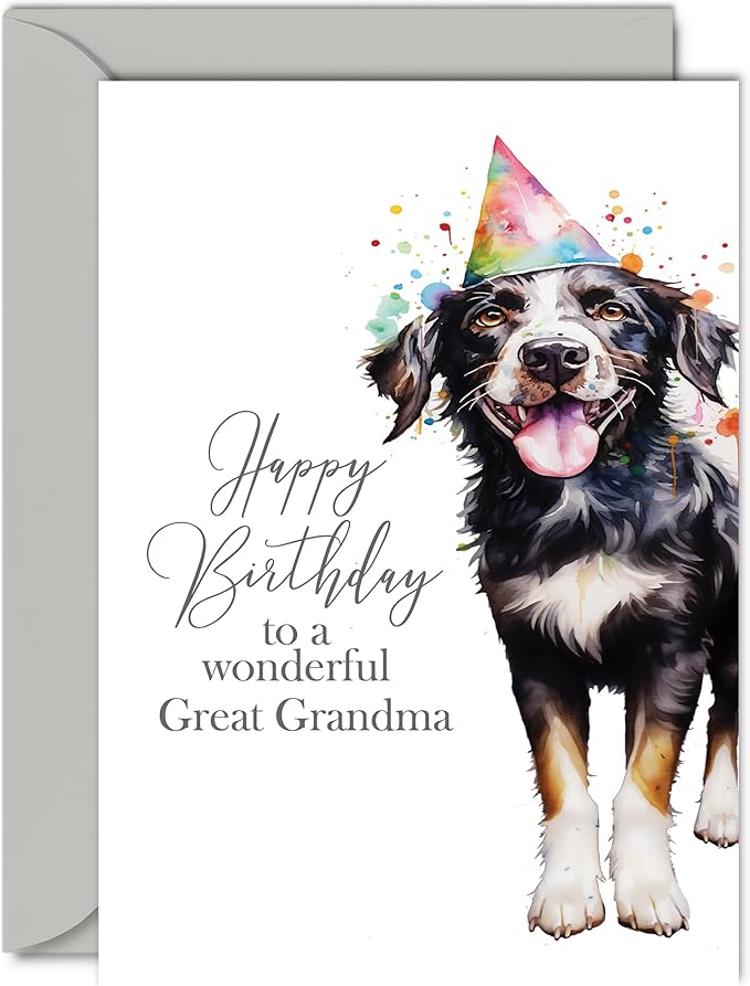 Party Hat Dog - Happy Birthday Card for Great Grandma from Great Grandson & Granddaughter, 5x7 Inch Bday Greeting Card for Her