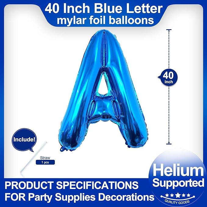 40 Inch Blue Letter A Balloons, DIY Phrase Foil Alphabet Letter A Balloons DIY Word A Banner for Birthday Anniversary Celebration Graduation Party Supplies Decoration